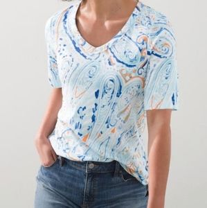 Chico's Blue and White Fitted Short Sleeve Tee